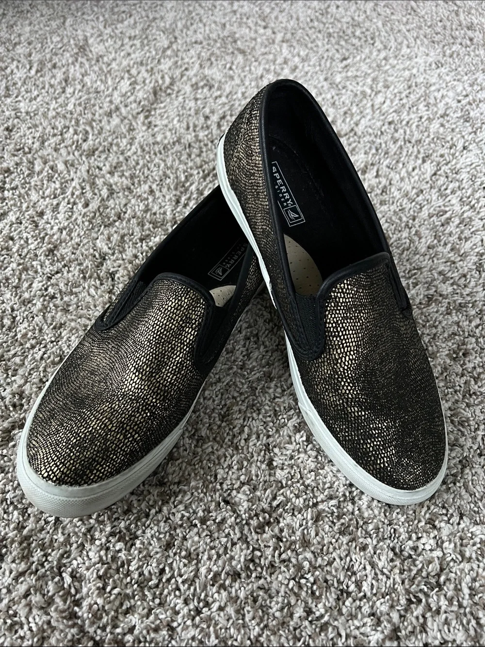 Sperry Women's Top Sider Snakeskin Print Slip On Canvas Loafers Black Gold 8.5